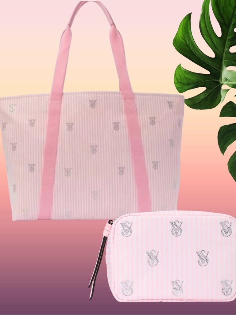 Victoria’s Secret Heritage Stripe Rhinestone Tote Bag, Makeup Bag